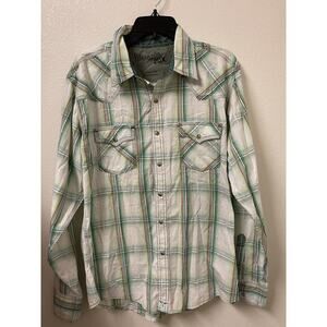 Wrangler Western Shirt Mens Large Long Sleeve Pearl Snap Shirt Green Plaid
